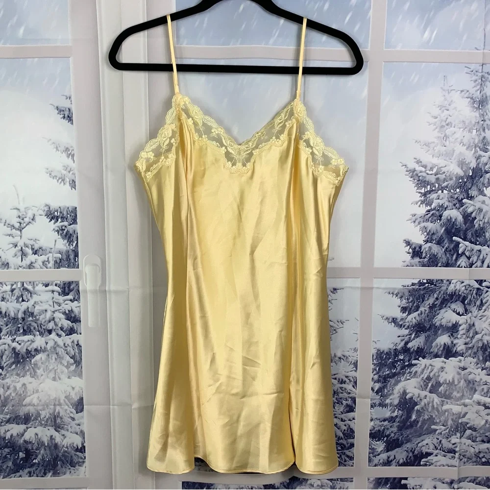 Vintage 90’s Victoria Secret Yellow Lace Lingerie Nightie Slit Night Gown Slip - Picture 1 of 9